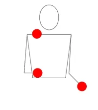 Animation of the three ball cascade pattern: three balls thrown alternately from one hand to the other, each ball peaking just above head height.